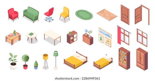 Isometric furniture set. Collection of sofas and chairs, wardrobe. Paintings, lamps and flowers in pot. Decor and interior elements. Cartoon vector illustrations isolated on white background