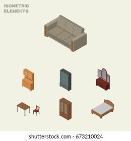 Isometric Furniture Set Of Couch, Sideboard, Chair And Other Vector Objects. Also Includes Locker, Bedstead, Sideboard Elements.