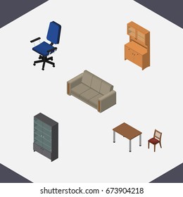 Isometric Furniture Set Of Cupboard, Sideboard, Couch And Other Vector Objects. Also Includes Cabinet, Office, Couch Elements.