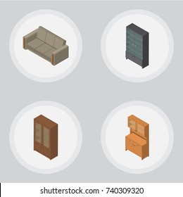 Isometric Furniture Set Of Cupboard, Sideboard, Couch And Other Vector Objects. Also Includes Closet, Sideboard, Settee Elements.
