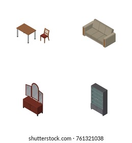 Isometric Furniture Set Of Drawer, Sideboard, Chair And Other Vector Objects. Also Includes Cabinet, Chair, Couch Elements.
