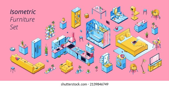 Isometric furniture set for home, sofa and armchair, bookshelf and kitchen appliances, nightstand, bed and bathroom, washing machine and tv set, 3d vector line art illustration