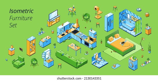 Isometric furniture set nightstand, lamp, bed and bathtub, bathroom, sofa, armchair, bookshelf, cupboard and kitchen appliances, washing machine, lamp, stool and tv set 3d vector line art illustration