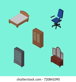 Isometric Furniture Set Of Office, Drawer, Cabinet And Other Vector Objects. Also Includes Office, Bed, Sideboard Elements.