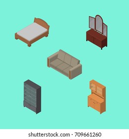 Isometric Furniture Set Of Sideboard, Bedstead, Cupboard And Other Vector Objects. Also Includes Settee, Wardrobe, Mirror Elements.