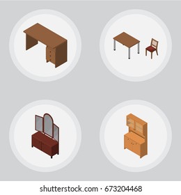 Isometric Furniture Set Of Table, Cupboard, Drawer And Other Vector Objects. Also Includes Chair, Cupboard, Sideboard Elements.