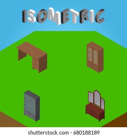 Isometric Furniture Set Of Table, Drawer, Cabinet And Other Vector Objects. Also Includes Cupboard, Sideboard, Cabinet Elements.