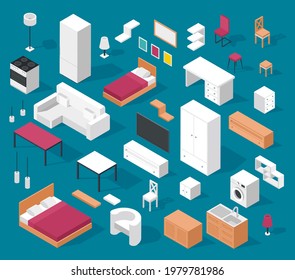 Isometric furniture. Table, cabinet, bed, chair, couch, lamp, stove, fridge. Modern living room, bedroom, kitchen interior elements vector set. Isolated indoor objects as washing machine, television