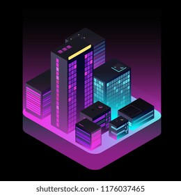 Isometric future city. Industrial office buildings in aerial view. Real estatet and virtual reality vector concept. Illustration of city isometric, office building 3d