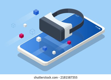 Isometric future digital technology cyber virtual game entertainment metaverse. VR virtual reality goggle