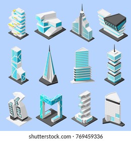 Isometric Futuristic Architecture Set With Isolated Images Of Hi Tech Style Modern Buildings And Skyscrapers Vector Illustration