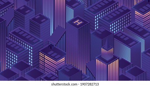 Isometric futuristic city vector illustration. Isometric urban megalopolis top view of the city and architecture 3d elements different buildings