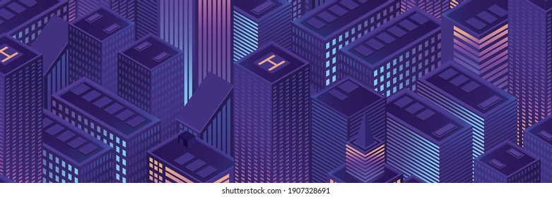 Isometric futuristic city vector illustration. Isometric urban megalopolis top view of the city and architecture 3d elements different buildings