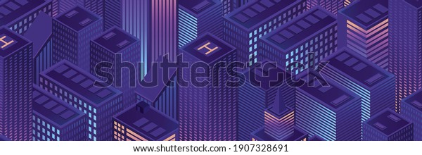 Isometric futuristic city vector illustration.\
Isometric urban megalopolis top view of the city and architecture\
3d elements different\
buildings