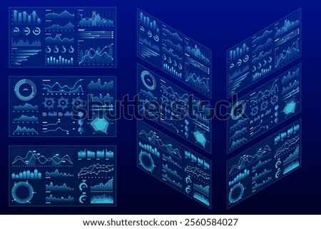 Isometric futuristic digital dashboards featuring multiple data visualizations, including bar graphs, pie charts, and line graphs. The panels are illuminated in neon blue on a dark background