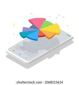 Isometric Futuritic HH tech Proyector de holograma para teléfono móvil. Estadísticas en línea y análisis de datos. Análisis de datos, estadísticas de negocios, administración, consultoría, marketing.