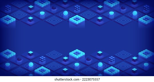 Isometric futuristic information technology blockchain concept. Big data binary code, data flow. Transferring of big data. Interconnected blocks of data. Vector illustration abstract background