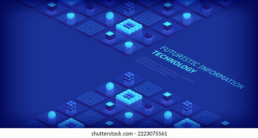 Isometric futuritic Information technology blockchain concepto. Código binario de datos grandes, flujo de datos. Transferencia de grandes datos. Bloques de datos interconectados. Fondo abstracto de ilustración de vector