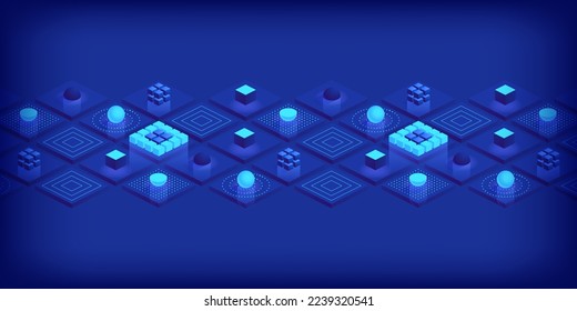Isometric futuritic Information technology blockchain concepto. Código binario de datos grandes, flujo de datos. Transferencia de grandes datos. Bloques de datos interconectados. Fondo abstracto de ilustración de vector