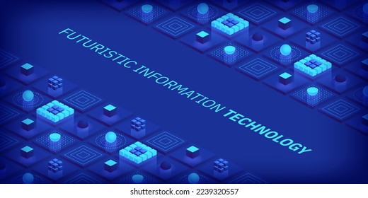Isometric futuristic information technology blockchain concept. Big data binary code, data flow. Transferring of big data. Interconnected blocks of data. Vector illustration abstract background