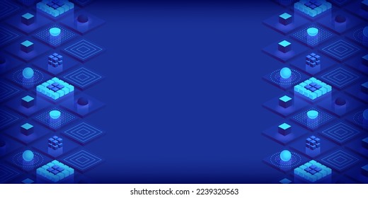 Isometric futuritic Information technology blockchain concepto. Código binario de datos grandes, flujo de datos. Transferencia de grandes datos. Bloques de datos interconectados. Fondo abstracto de ilustración de vector