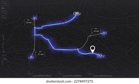 Isometrische, futuristische Navigationskarte. Großer Stadtblick. Illustration in zwanglosem Grafikdesign. Stadtfragmente. Straßen und Lage, Vektorhintergrund. Graue Vektorgrafik von Roadmap.