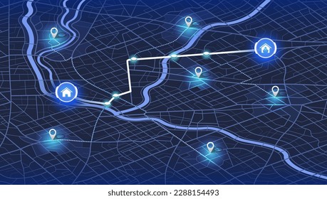 Isometric, futuristic navigate map. Huge city top view. Illustration in casual graphic design. fragments of town. Street roads and location, vector background. Garish vector illustration of roadmap.