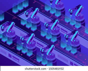 Isometric futuristic production line. Industrial warehouse automation, smart robotic arms and factory machines. Robot arm manufacturing technology vector illustration