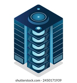 Isometric futuristic server. Isometric database or data center. Abstract blockchain. Computer storage. Cloud storage. Vector illustration