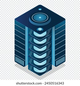 Isometric futuristic server. Isometric database or data center. Abstract blockchain. Computer storage. Cloud storage. Vector illustration