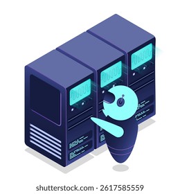 Isometric futuristic server. Isometric database or data center. Abstract blockchain. Computer storage. Cloud storage. Isometric technology