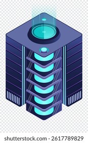 Isometric futuristic server. Isometric database or data center. Abstract blockchain. Computer storage. Cloud storage. Isometric technology
