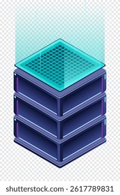 Isometric futuristic server. Isometric database or data center. Abstract blockchain. Computer storage. Cloud storage. Isometric technology
