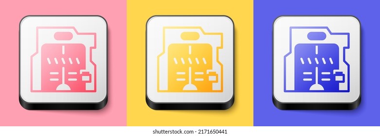 Isometric Futuristic sliding doors icon isolated on pink, yellow and blue background. Square button. Vector