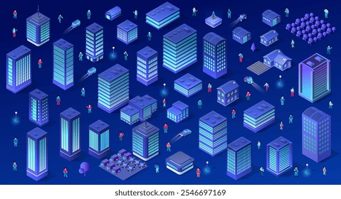 Isometric futuristic smart city with many modern buildings, skyscrapers, houses, trees, vehicles, street lights and businesspeople moving around at night
