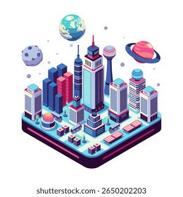 Colônia Espacial Futurista Isométrica no Espaço. Conceito de Colônia Espacial e Cidade Futurista