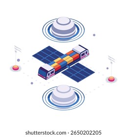 Isometric Futuristic Space Freight Transport With Solar Panels and Cargo Containers. Futuristic Space Transportation Concept