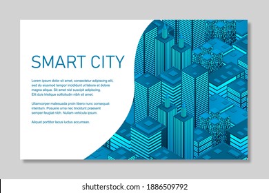 Isometric futuristic town with skyscrapers. Smart city technology for business and life. Business center with skyscrapers. Smart city isometric illustration