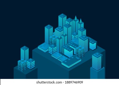 Isometric futuristic town with skyscrapers. Smart city technology for business and life. Intelligent buildings. Business center with skyscrapers. Smart city isometric illustration