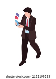 Composición isométrica de adicción a gadgets con carácter de trabajador de negocios caminante con burbujas de chat ilustración vectorial