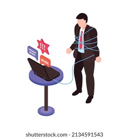 Composición isométrica de adicción a gadgets con carácter de trabajador empresarial ligado con pictogramas de medios sociales ilustración vectorial