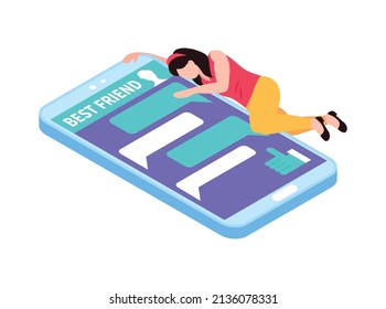 Isometric gadget addiction composition with character of lying woman embracing smartphone with chat app vector illustration