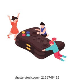 Composición de adicción de gadgets isométricos con personajes de niños con ilustraciones vectoriales de grandes gamepad