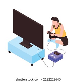 Isometric gadget addiction composition with tv set and gaming console with sitting man vector illustration