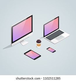 Isometric gadget device vector set. Computer PC monitor, laptop, smartphone, tablet and coffee cup realistic isometric icons.