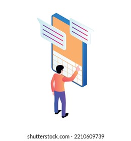 Isometric gadget interface icon with man using smartphone 3d vector illustration