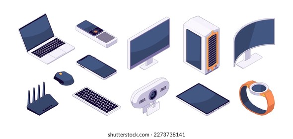 Isometric gadget set. Wireless smart devices laptop Wi-Fi router web camera smart watches mouse keyboard phone and tablet. Vector isolated set. Electronic equipment for work and entertainment
