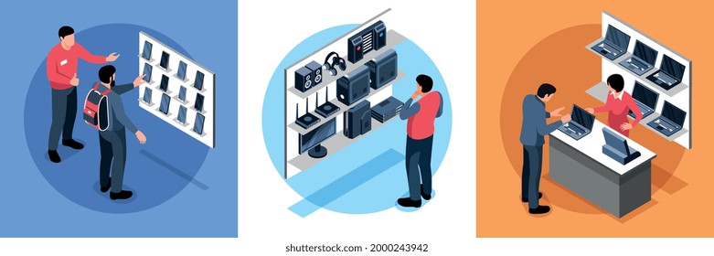 Concepto de diseño de la tienda de aparatos electrónicos isométricos con composiciones cuadradas de vendedores y clientes en la tienda electrónica de consumo ilustración vectorial de la tienda