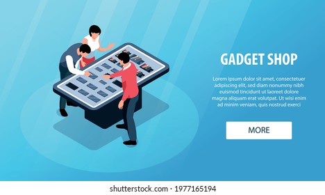 Isometric gadget shop horizontal banner with store display characters of consumers assistant and text with button vector illustration