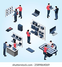 Isometric gadget shop infographics with flowchart of electronic devices on shelves with people and editable text illustration
